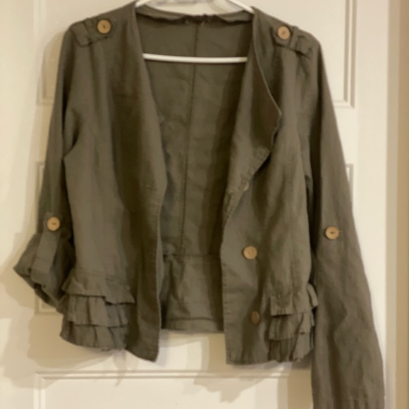 Anonyme Olive Green Ruffled Loose fitting Jacket 3/4 Sleeves light Summer size 4 - Picture 6 of 6